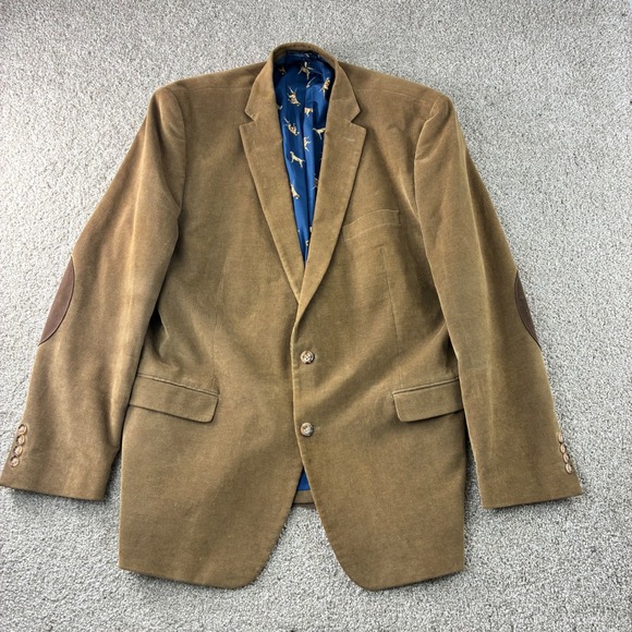 Ralph Lauren Mens Corduroy Blazer Jacket Tan Elbow Patch Fox Print Lining-48L - Picture 1 of 11